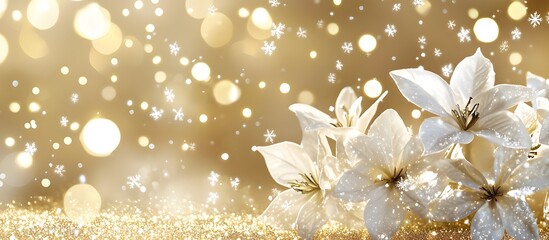 A close up of a bouquet of white flowers with a gold background. The flowers are surrounded by a golden border, and the background is filled with bright, sparkling lights