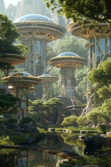 Futuristic city park with sustainable technology