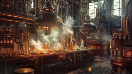 Steampunk Laboratory with Steam and Glassware