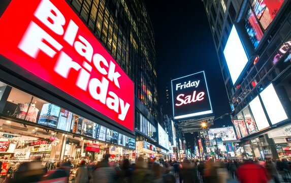 Vibrant neon-lit storefronts with bold "Black Friday Sale" signs, crowds of eager shoppers in motion, urban night scene, Black Friday shopping, city rush during sales event