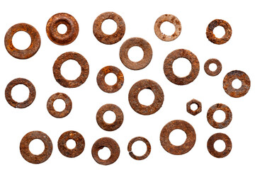 Collection of rusty bolts washers and nuts isolated on a white background. Design elements. Metal detecting finds.