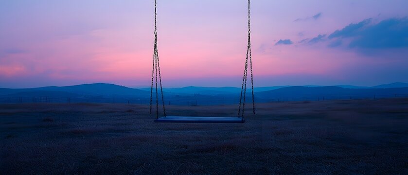 Solitary swing moving gently in the breeze at dusk against a backdrop of mountains and a vibrant hazy sky  The scene evokes a sense of melancholy and nostalgia