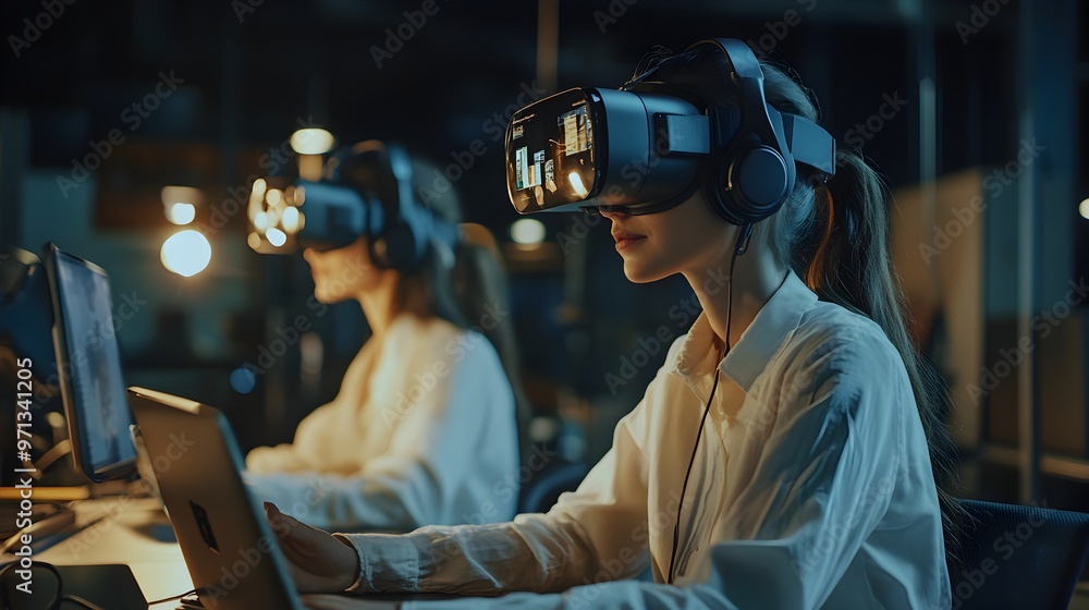 Aufkleber a group of professional marketers using virtual reality headsets and laptops during a collaborative 