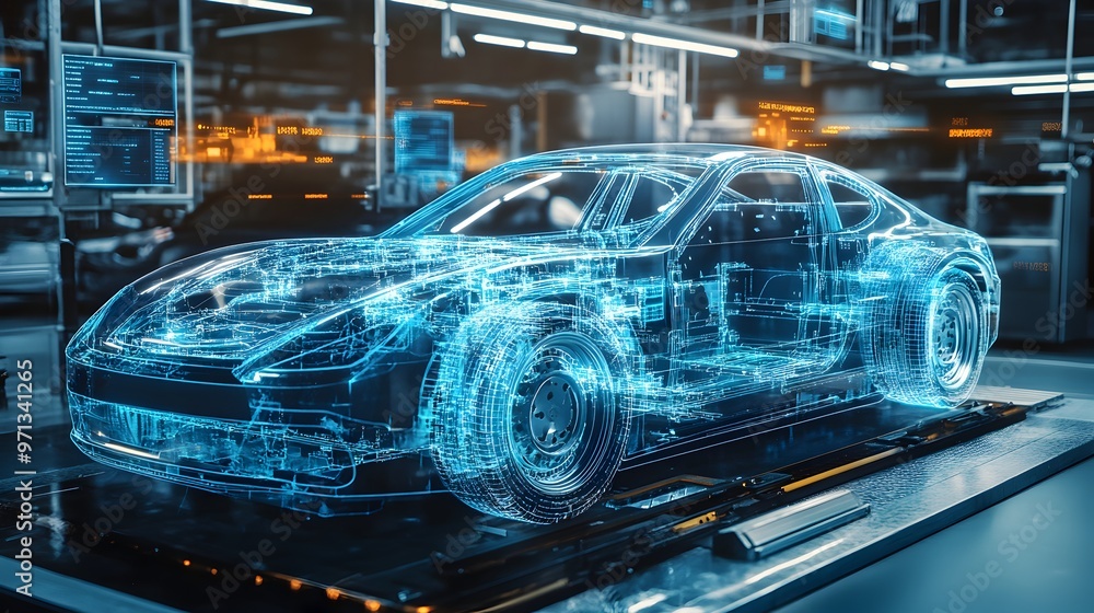 Poster transparent futuristic concept car digital wireframe blueprint design - 3d rendering of an automobil
