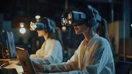 A group of professional marketers using virtual reality headsets and laptops during a collaborative meeting or presentation,exploring innovative digital solutions and strategies for their business.