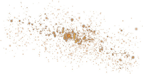 Golden glowing light effect with many glitter particles. Starry cloud with dust. Magic christmas decoration. Luminous bokeh softly shimmering golden light. Light abstract glowing lights. PNG.