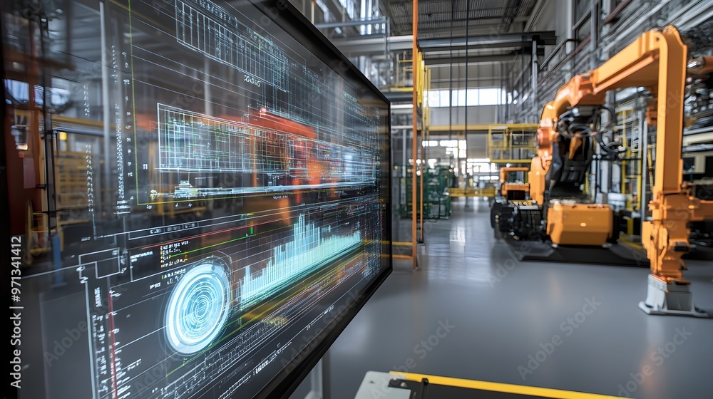Poster photograph showcasing a high-tech,futuristic industrial environment with real-time data analysis and