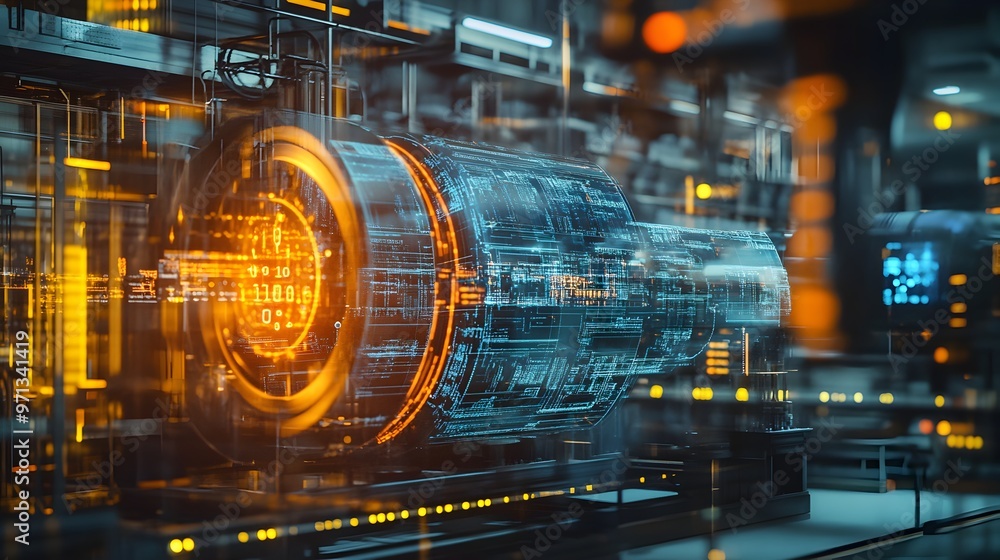 Poster a photograph depicting a futuristic industrial control system with intricate data visualization and 