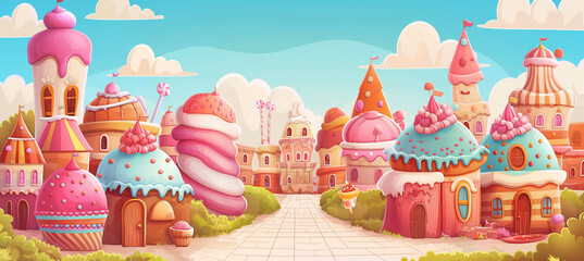 The Candy city with cake castle, houses cakes, game background, Illustration