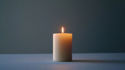 Solitary burning candle on a plain white background glowing softly with a warm light symbolizing peace and reflection in a minimalist scene