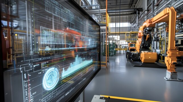 Photograph showcasing a high-tech,futuristic industrial environment with real-time data analysis and visualization technologies,including holographic displays,automated systems,and advanced analytics.