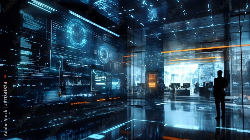 Poster Futuristic real-time data analytics and visualization displayed on large holographic screens and interfaces in a modern,high-tech corporate workspace or research and development center.