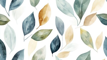 Stylish watercolor leaf pattern in shades of green, blue, light brown, and gray, seamlessly blending on a white background