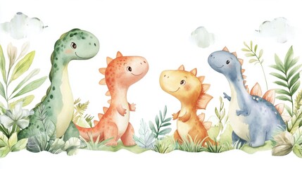 Adorable baby dinosaurs in a watercolor style surrounded by natural elements creating a playful and whimsical design for nursery decor
