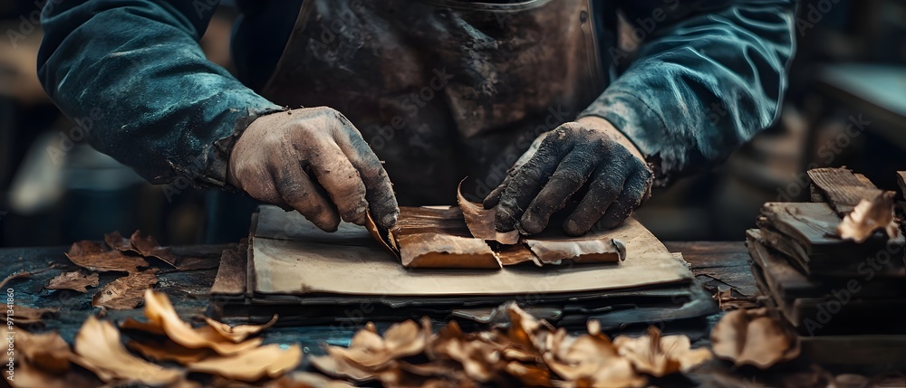 Poster close up view of skilled hands using specialized tools and techniques to achieve handmade woodworkin