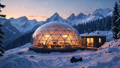 Igloo moderne en montagne enneigée au crépuscule