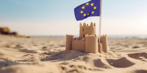 Sand castle on the coast with the flag of the European Union. Generative AI.