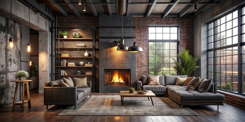 Dark living room loft with industrial style decor and fireplace, perfect for a cozy evening at home