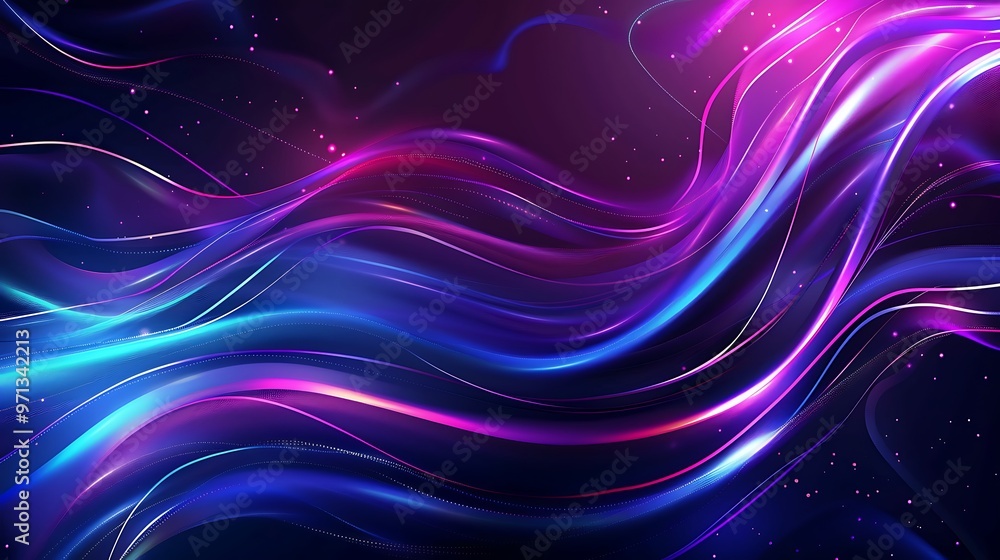 Poster dark abstract background with glowing wave. shiny moving lines in a modern purple-blue gradient flow
