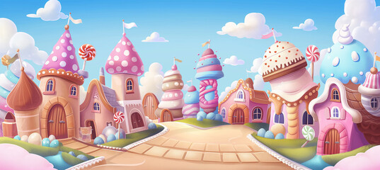 Obraz premium The Candy city with cake castle, houses cakes, game background, Illustration