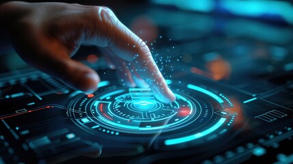 A human touch is interacting with a virtual screen icon. The icon is likely designed with a modern and sleek look. The human hand is reaching out, perhaps to select or manipulate the icon. 
