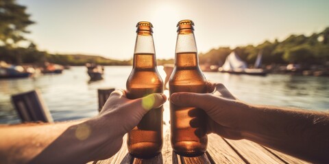 Senior friends toasting beer bottles near water at sunset. Generative AI.