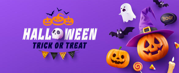 Halloween Trick or Treat banner with Pumpkin, Ghost, Bats, Skull, Witch Hat and spooky Halloween decorations on a purple background.Perfect for a Halloween banner or poster