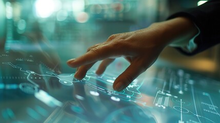 A human touch is interacting with a virtual screen icon. The icon is likely designed with a modern and sleek look. The human hand is reaching out, perhaps to select or manipulate the icon. 