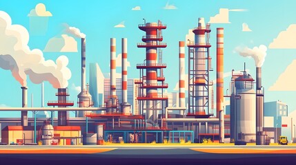 Obraz premium Industrial complex with smokestacks and machinery.