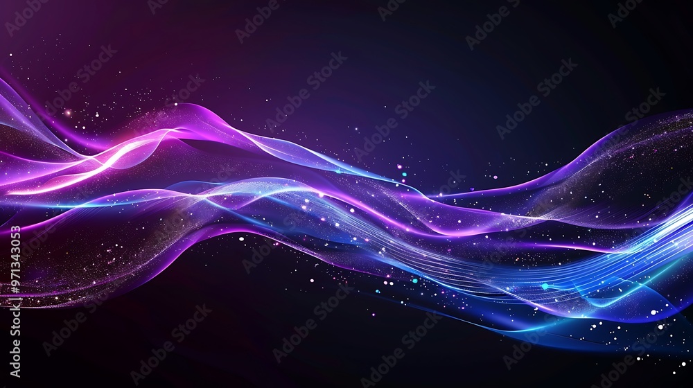 Poster futuristic dark abstract background featuring a glowing wave with shiny, moving lines. purple-blue g