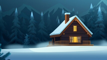 A cozy wooden cabin illuminated at night, surrounded by snow-covered trees and mountains. Perfect winter scene for holiday themes.