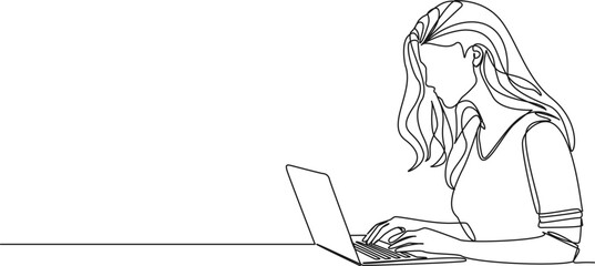 continuous single line drawing of young woman using laptop computer, line art vector illustration