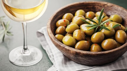 White wine with marinated olives, rustic bowl, Mediterranean flavor, 3D illustration