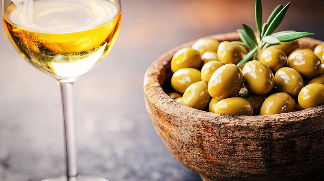 White wine with marinated olives, rustic bowl, Mediterranean flavor, 3D illustration - Powered by Adobe