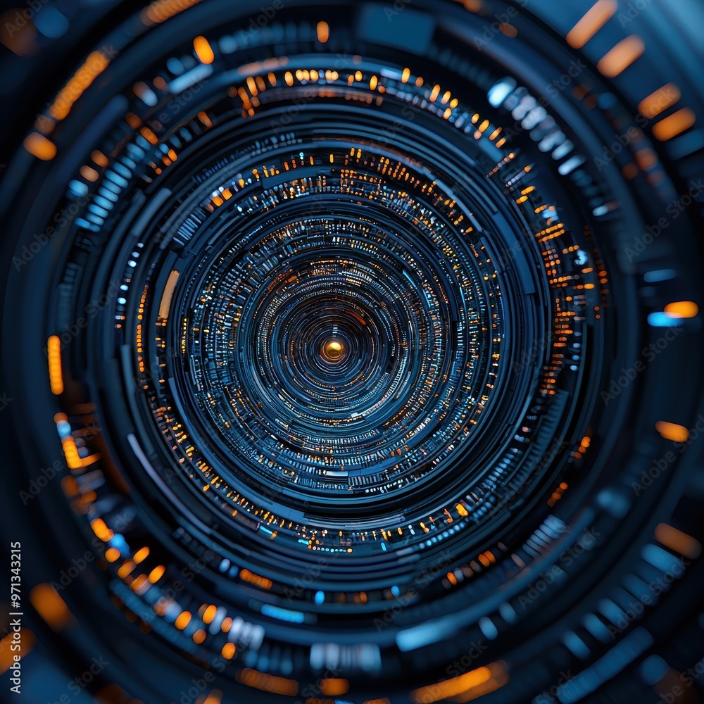 Poster a mesmerizing tunnel of light and technology, showcasing futuristic patterns and vibrant colors, inv