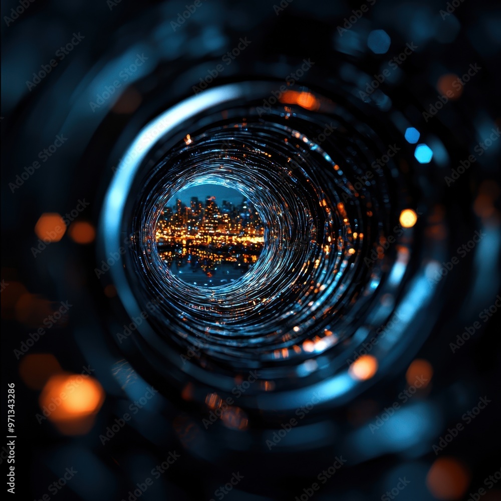 Poster a mesmerizing view through a circular tunnel, revealing a vibrant city skyline and sparkling lights 