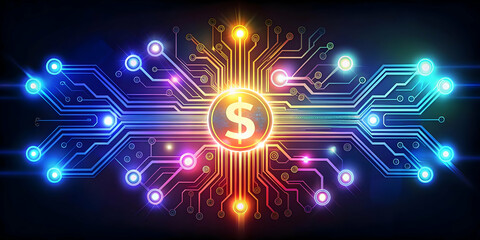 Fototapeta premium Futuristic Flat Glowing Abstract Financial Circuit Board Design - Vector Art of Spending, Savings, and Profits with Bright Colors and Dynamic Light Effects