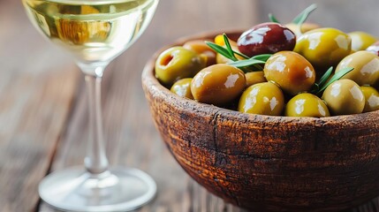 White wine with marinated olives, rustic bowl, Mediterranean flavor, 3D illustration
