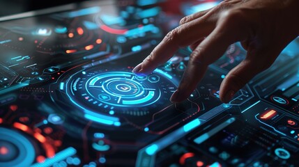 Obraz premium A human touch is interacting with a virtual screen icon. The icon is likely designed with a modern and sleek look. The human hand is reaching out, perhaps to select or manipulate the icon. 