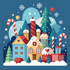 Snowflakes falling over a Christmas village with candy canes and gifts