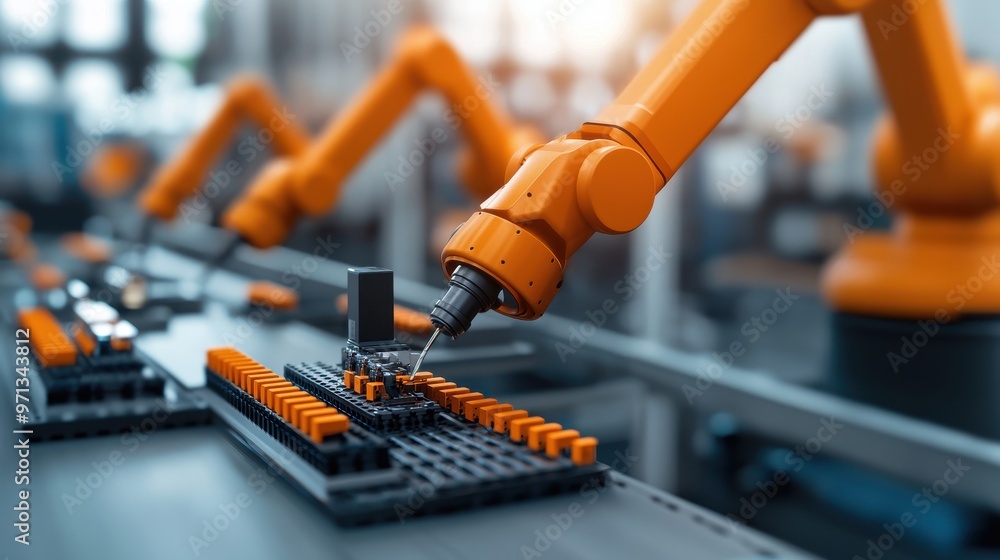 Poster a robotic arm assembling components in a modern manufacturing facility, showcasing automation and pr