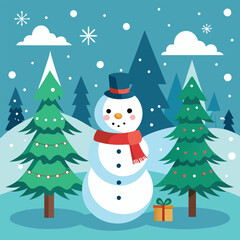 Obraz premium Wintery Christmas scene with snowflakes, a snowman, and a background of pine trees