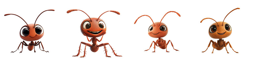 Fototapeta premium A playful collection of animated ants showcasing their unique expressions and cheerful demeanor in a vibrant cartoon style.