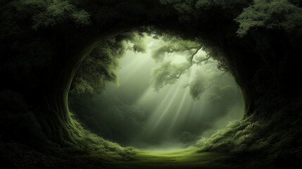 Sunlight filters through dense tree canopies, creating beams of light that illuminate a lush forest clearing. The natural arch of the trees adds a mystical and serene atmosphere.