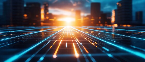 Solarpowered financial hub with digital interfaces, ecotech finance