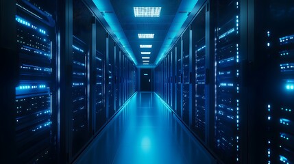 Fototapeta premium Data center corridor with blue lighting.