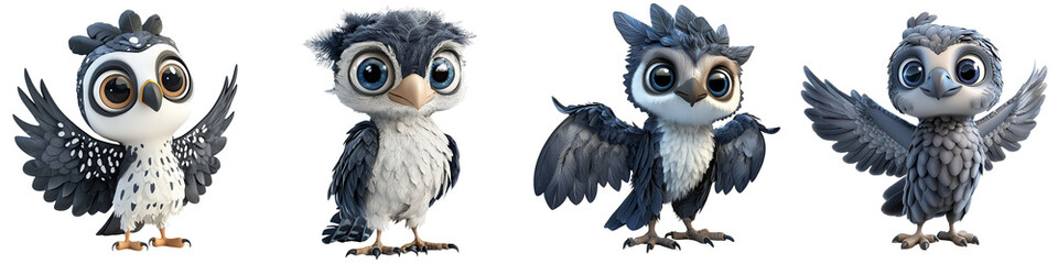 Fototapeta premium Adorable cartoon baby owls in various poses, showcasing their big eyes and fluffy feathers. Perfect for children's designs and themes.