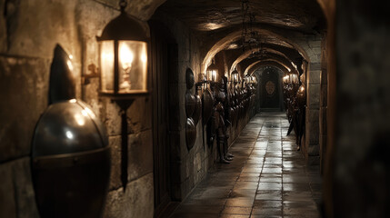 A dimly lit medieval hallway lined with armored guards and lanterns.