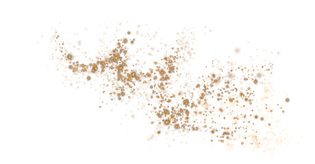 Golden glowing light effect with many glitter particles. Starry cloud with dust. Magic christmas decoration. Luminous bokeh softly shimmering golden light. Light abstract glowing lights. PNG.