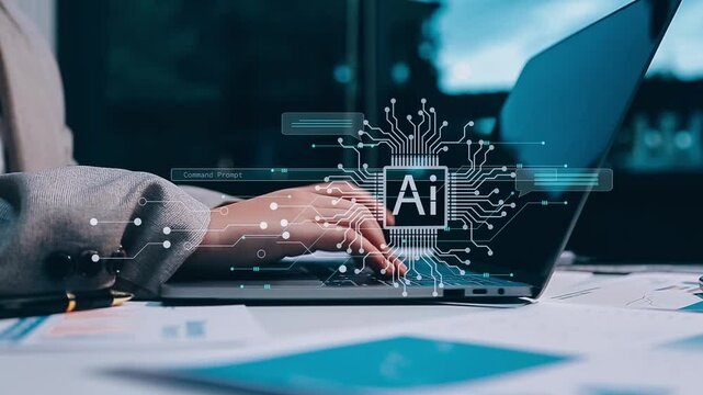 Ai technology, Artificial Intelligence. man using technology smart robot AI, artificial intelligence by enter command prompt for generates something, Futuristic technology transformation. Chat with AI